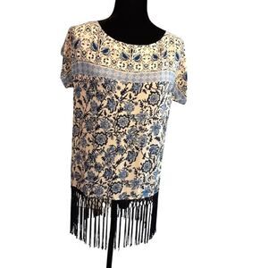 Artisan NY Top Bohemian Fringed Florals in Blue‎ size M